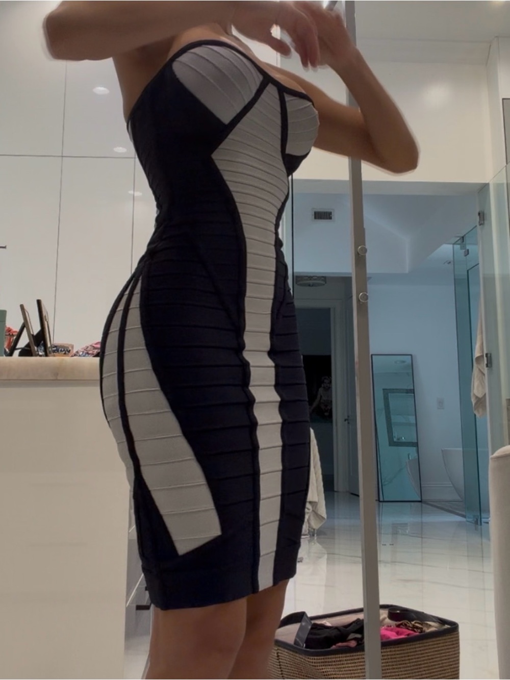 Herve Leger Strapless Bandage Dress in Black and Gray